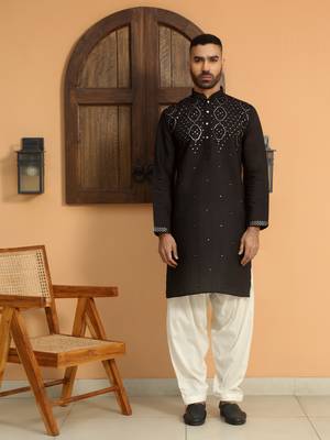 Cotton silk sequins work embroidered black kurta 4
