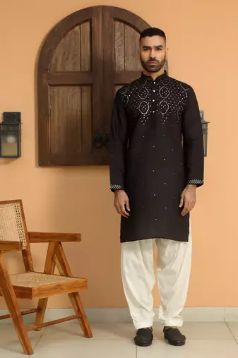 Cotton silk sequins work embroidered black kurta