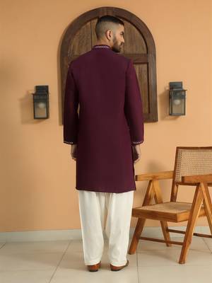Cotton silk sequined embroidered yoke design wine kurta 3