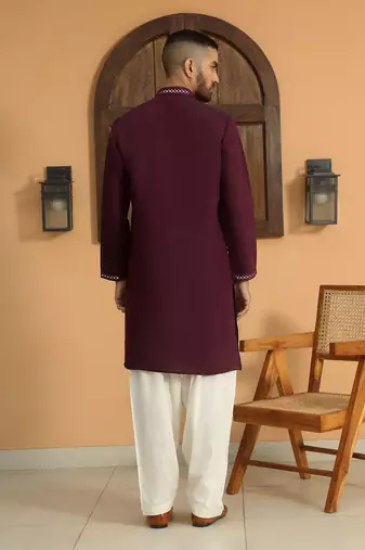Cotton silk sequined embroidered yoke design wine kurta