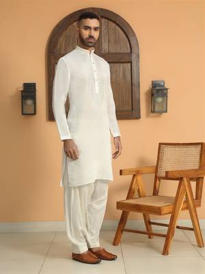 Cotton silk sequined embroidered yoke design cream kurta 1