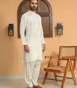 Cotton silk sequined embroidered yoke design cream kurta