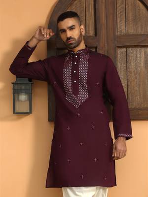 Cotton silk sequined embroidered yoke design wine kurta 4
