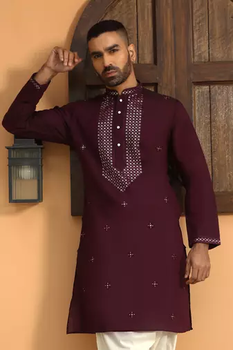 Cotton silk sequined embroidered yoke design wine kurta