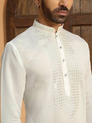 Cotton silk sequined embroidered yoke design cream kurta 2