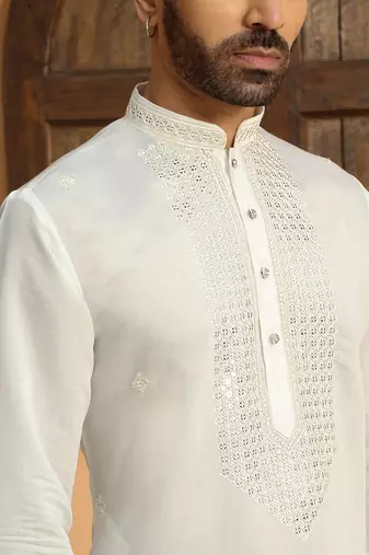 Cotton silk sequined embroidered yoke design cream kurta