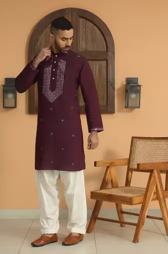 Cotton silk sequined embroidered yoke design wine kurta