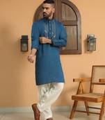Cotton silk sequined embroidered yoke design blue kurta