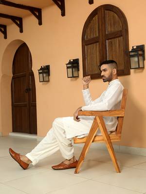 Cotton silk sequined embroidered yoke design cream kurta 3