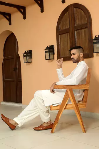 Cotton silk sequined embroidered yoke design cream kurta