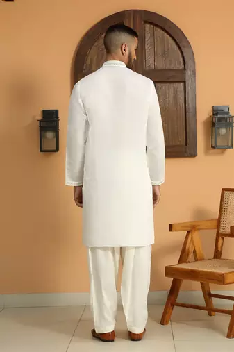 Cotton silk sequined embroidered yoke design cream kurta