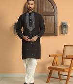 Cotton silk sequined embroidered yoke design black kurta