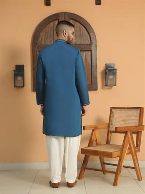 Cotton silk sequined embroidered yoke design blue kurta 3