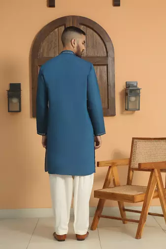 Cotton silk sequined embroidered yoke design blue kurta