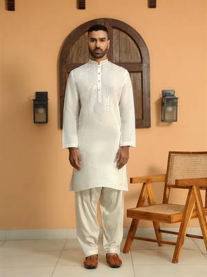 Cotton silk sequined embroidered yoke design cream kurta 5