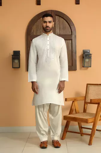 Cotton silk sequined embroidered yoke design cream kurta