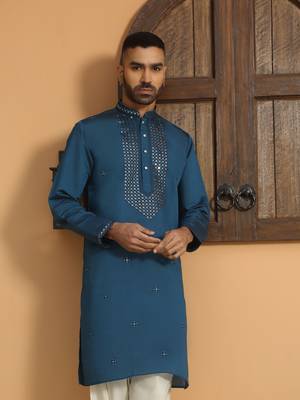 Cotton silk sequined embroidered yoke design blue kurta 4