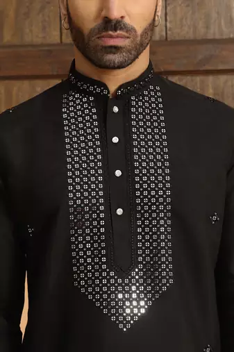 Cotton silk sequined embroidered yoke design black kurta