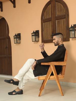 Cotton silk sequined embroidered yoke design black kurta 4