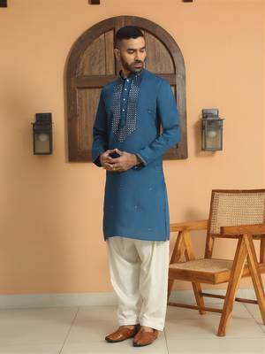 Cotton silk sequined embroidered yoke design blue kurta 5