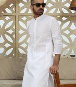 White cotton embroidered classic kurta for men