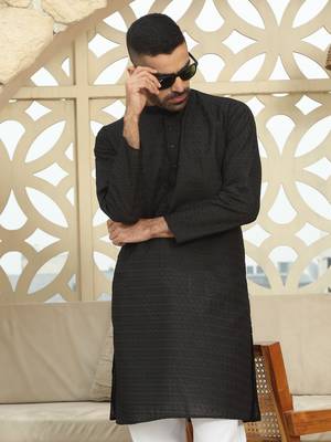 Black Cotton Embroidered classic Kurta for men 3