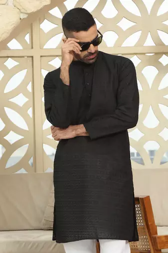 Black Cotton Embroidered classic Kurta for men
