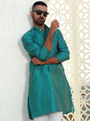 Silk blend ethnic motifs jacqaurd turquoise kurta 1