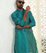 Silk blend ethnic motifs jacqaurd turquoise kurta
