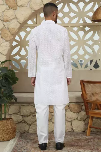 White cotton embroidered classic kurta for men