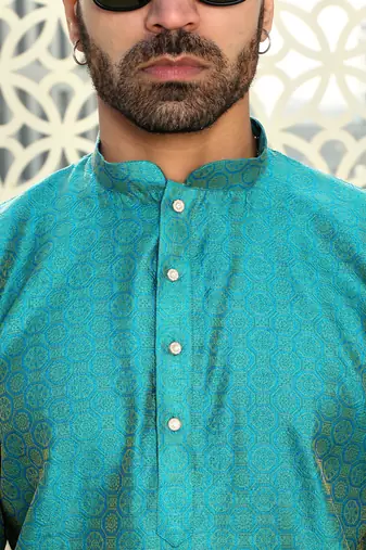 Silk blend ethnic motifs jacqaurd turquoise kurta