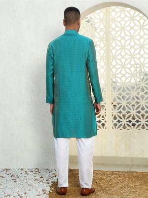 Silk blend ethnic motifs jacqaurd turquoise kurta 3