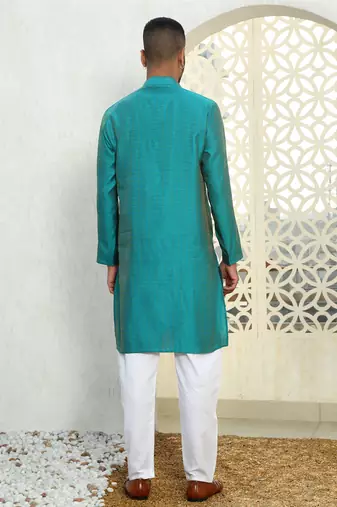Silk blend ethnic motifs jacqaurd turquoise kurta