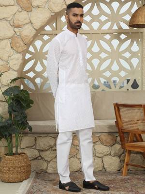 White cotton embroidered classic kurta for men 5