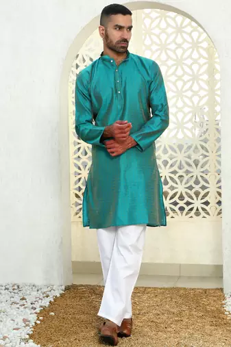 Silk blend ethnic motifs jacqaurd turquoise kurta