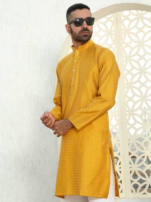 Silk blend ethnic motifs jacqaurd mustard kurta 1