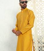 Silk blend ethnic motifs jacqaurd mustard kurta
