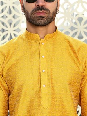 Silk blend ethnic motifs jacqaurd mustard kurta 2