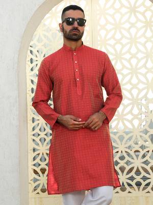Silk blend ethnic motifs jacqaurd maroon kurta 1