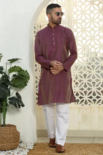 Silk blend ethnic motifs jacqaurd purple kurta