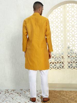 Silk blend ethnic motifs jacqaurd mustard kurta 3
