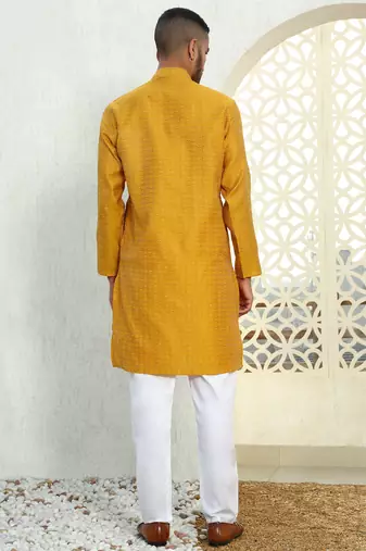 Silk blend ethnic motifs jacqaurd mustard kurta