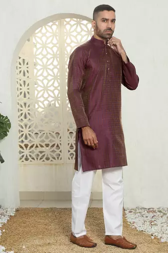 Silk blend ethnic motifs jacqaurd purple kurta