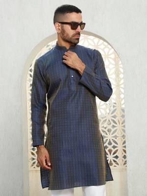 Silk blend ethnic motifs jacqaurd blue kurta 1