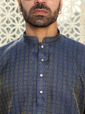 Silk blend ethnic motifs jacqaurd blue kurta 2