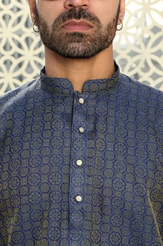 Silk blend ethnic motifs jacqaurd blue kurta
