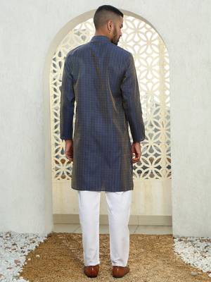 Silk blend ethnic motifs jacqaurd blue kurta 3