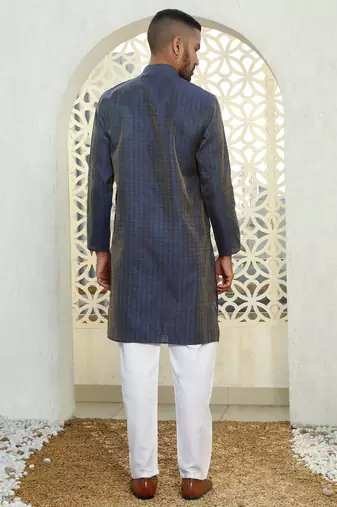 Silk blend ethnic motifs jacqaurd blue kurta