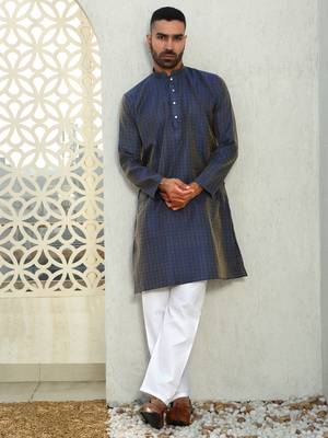 Silk blend ethnic motifs jacqaurd blue kurta 4