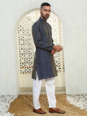 Silk blend ethnic motifs jacqaurd blue kurta 5